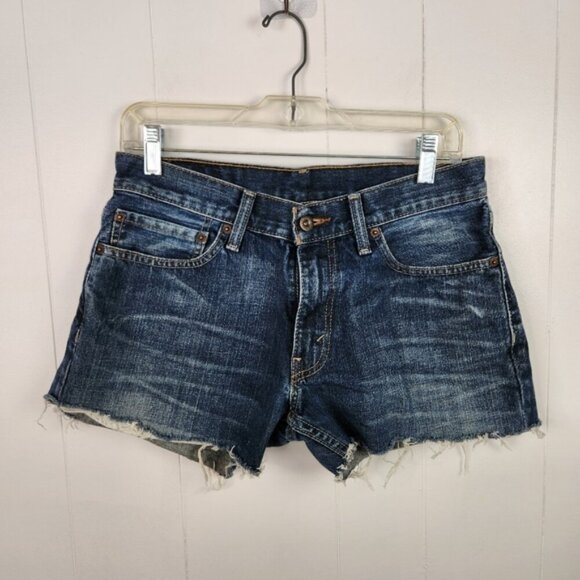 Vintage Levis Dark Denim Jean Shorts Cutoffs Low Mid Rise Frayed Y2K Festival - Picture 2 of 10